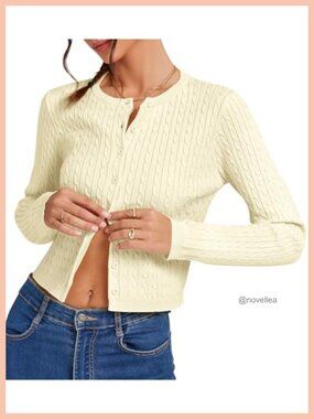 Cropped Cable Knit Cardigan Lightweight Button Up Sweater